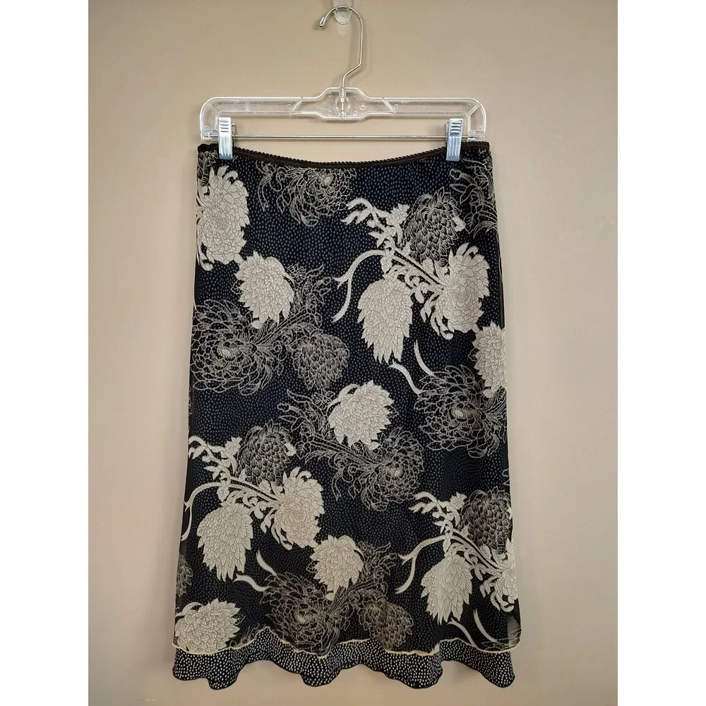 Tailor B Moss Womens Floral Polka Dot Mesh Midi Skirt Black Cream Size Medium